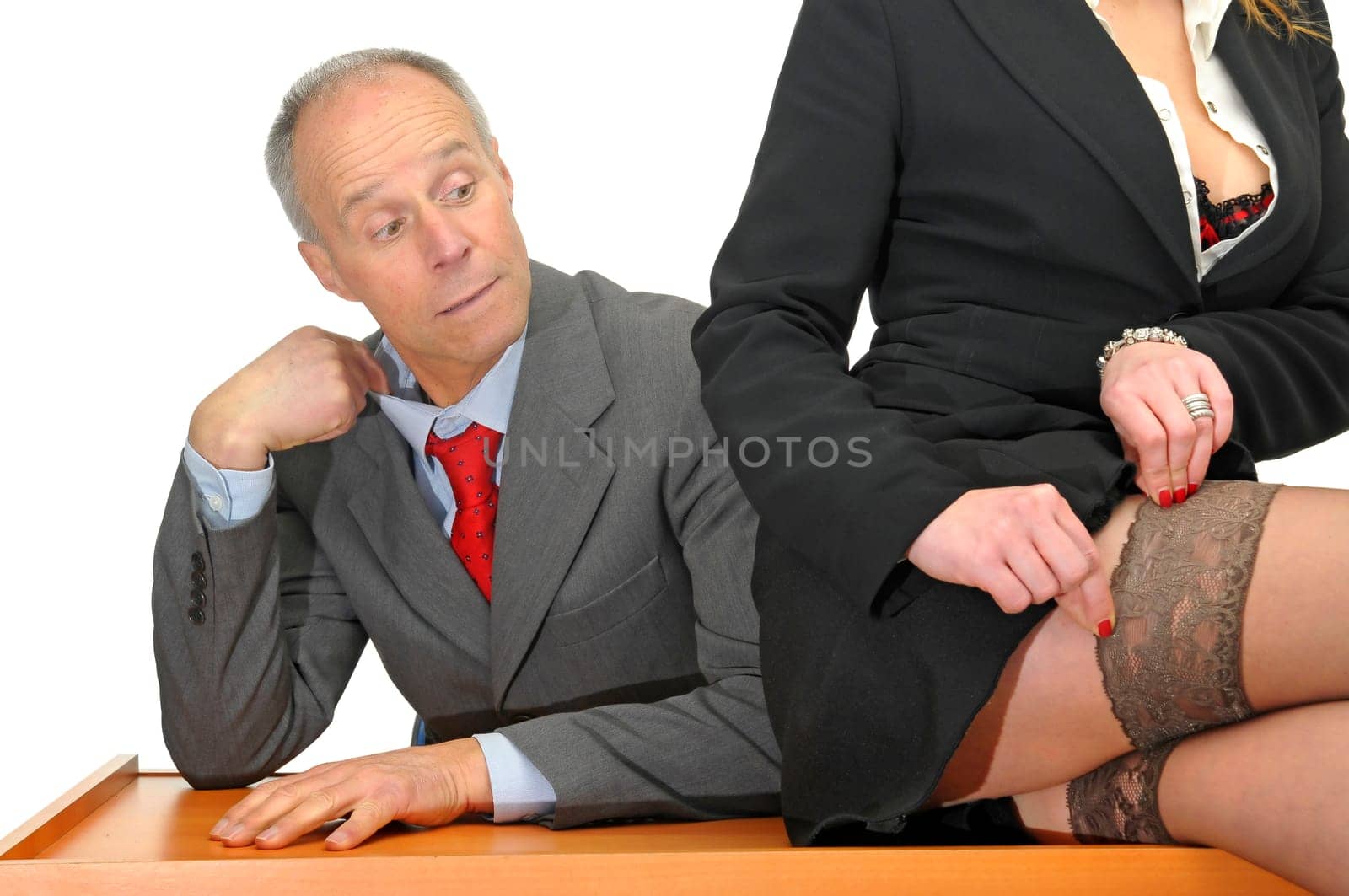 Business woman legs and businessman isolated in white