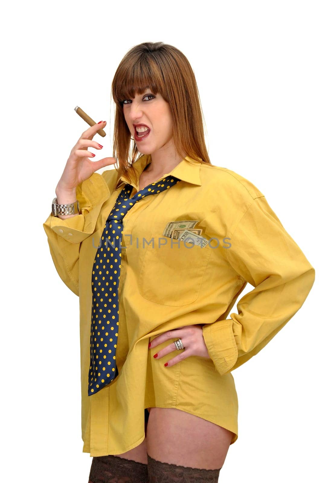 Business woman with cigar isolated in white