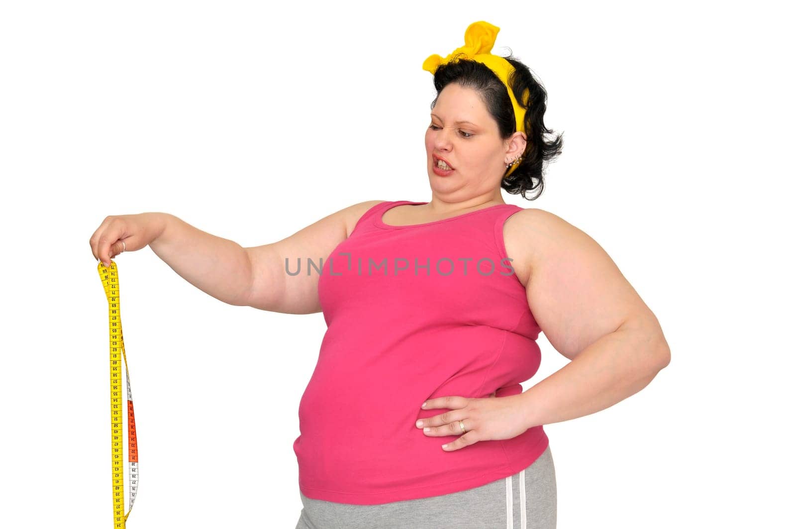 Large girl disgusted with measuring tape