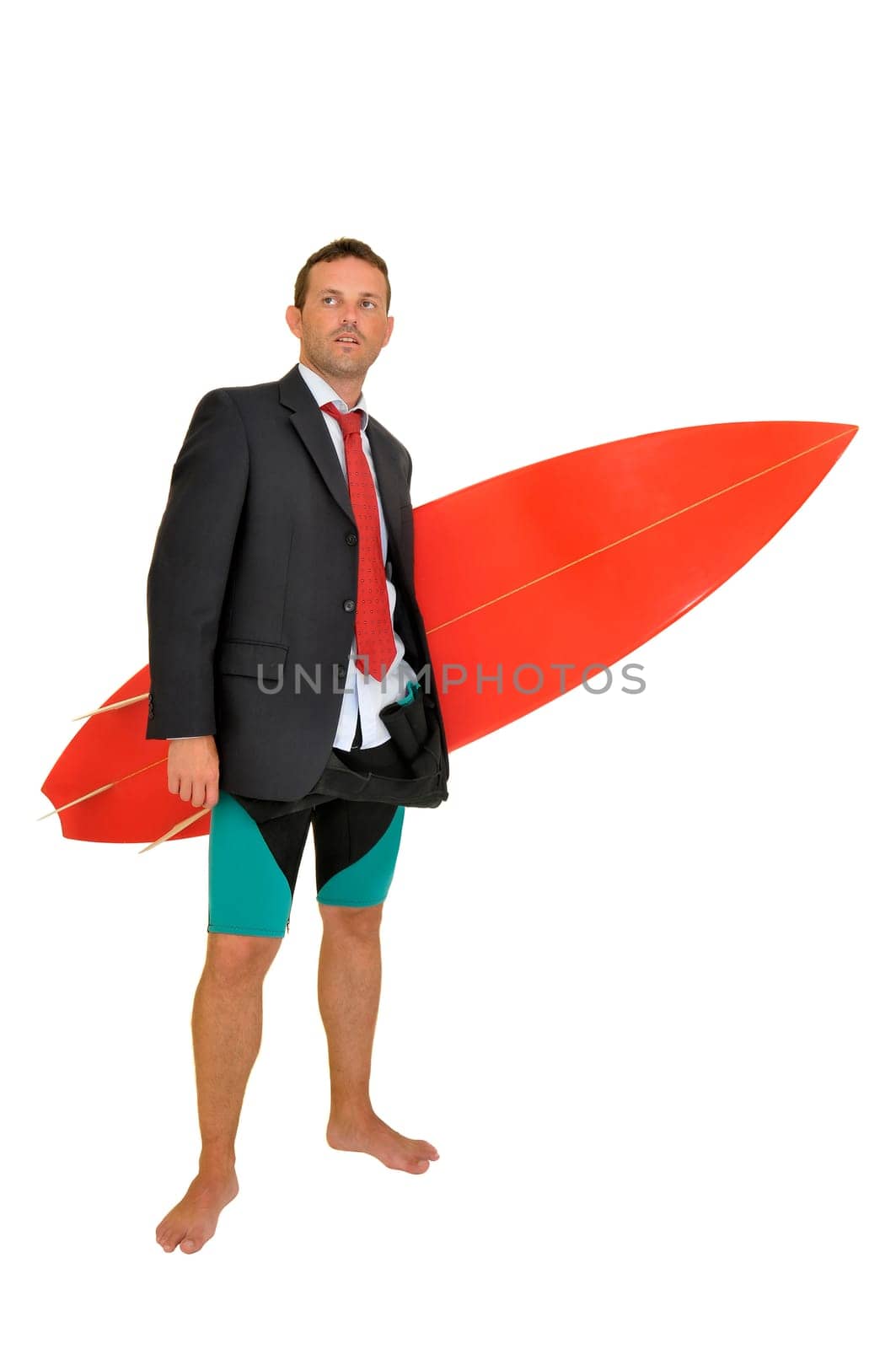 Young businessman with surf board