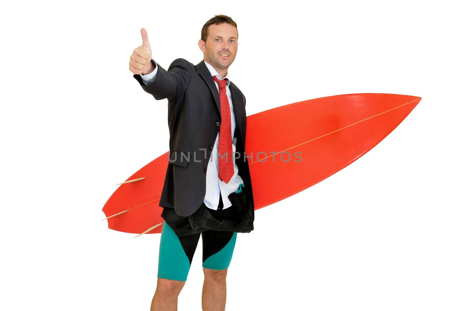 Young businessman with surf board