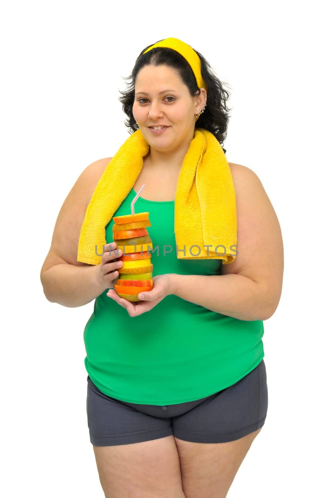 Large girl with fruit isolated in white
