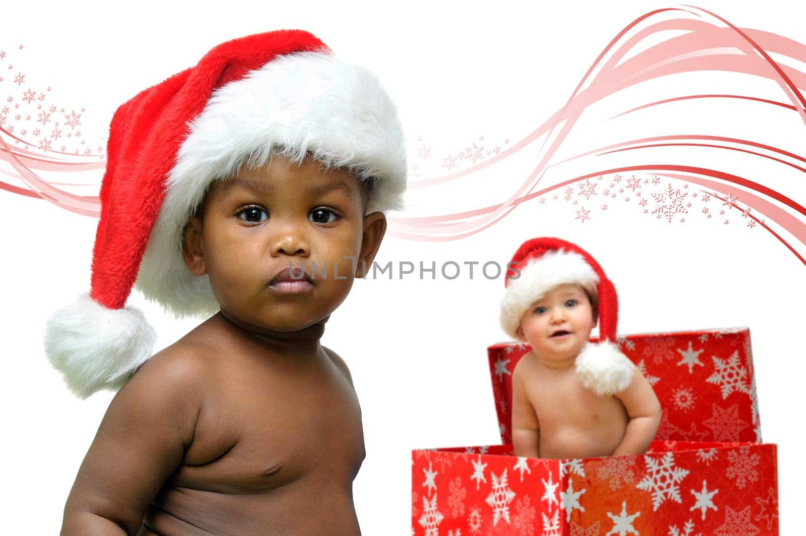 Beautiful babies with Christmas hat isolated in white