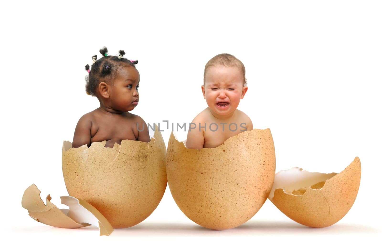 Beautiful babies inside eggs isolated in white