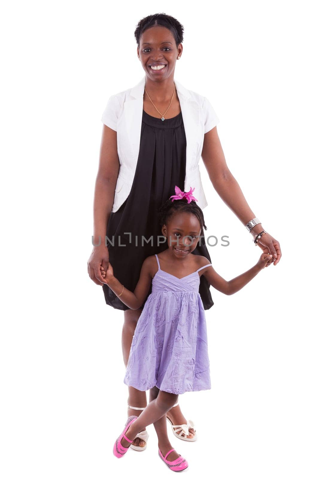 Happy african mother with her daughter, isolated on white background