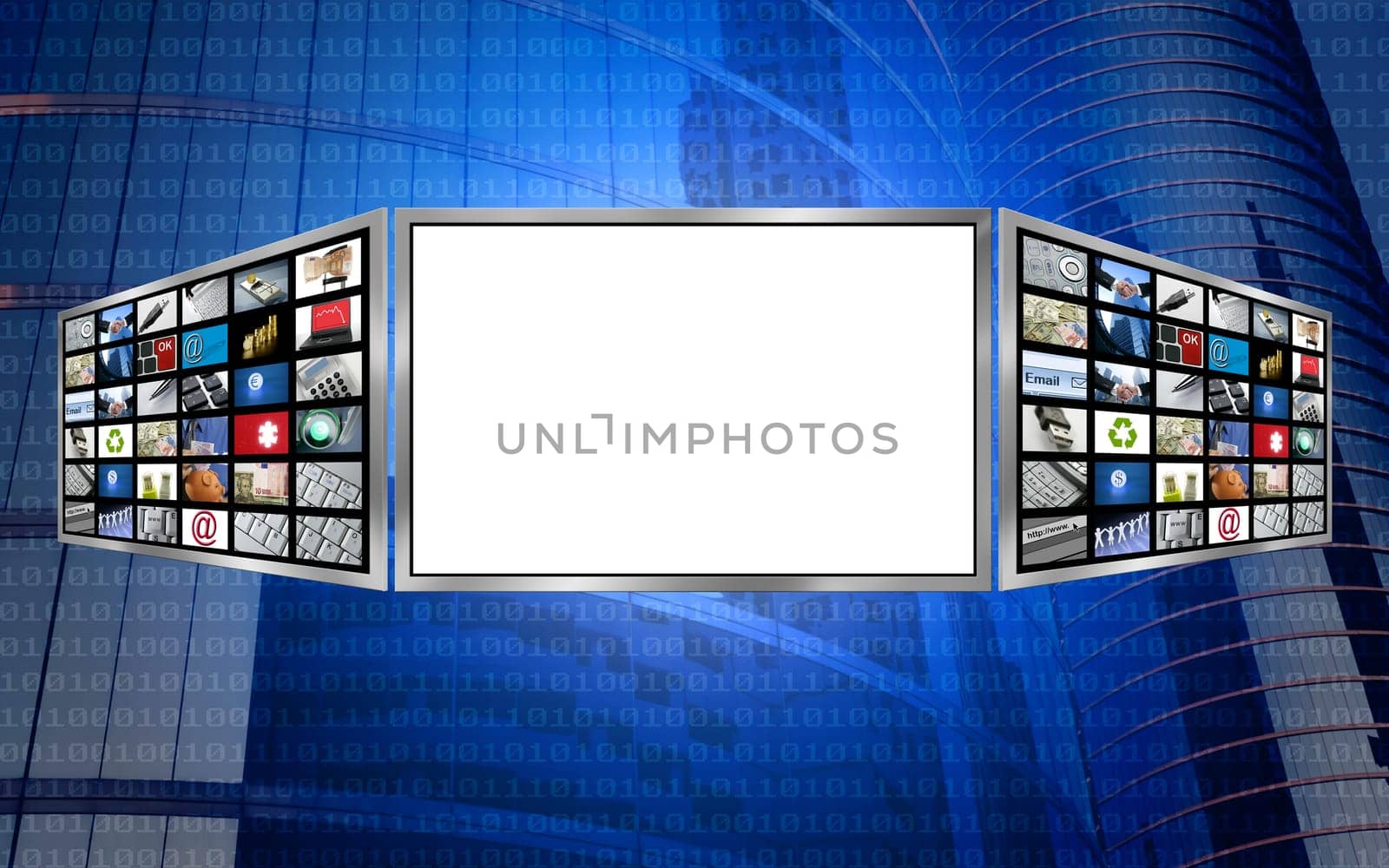 Global 3d screen multimedia monitor tech concept, white copy space
