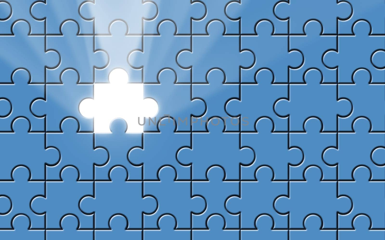 Blue puzzle with missing piece and beam of white light