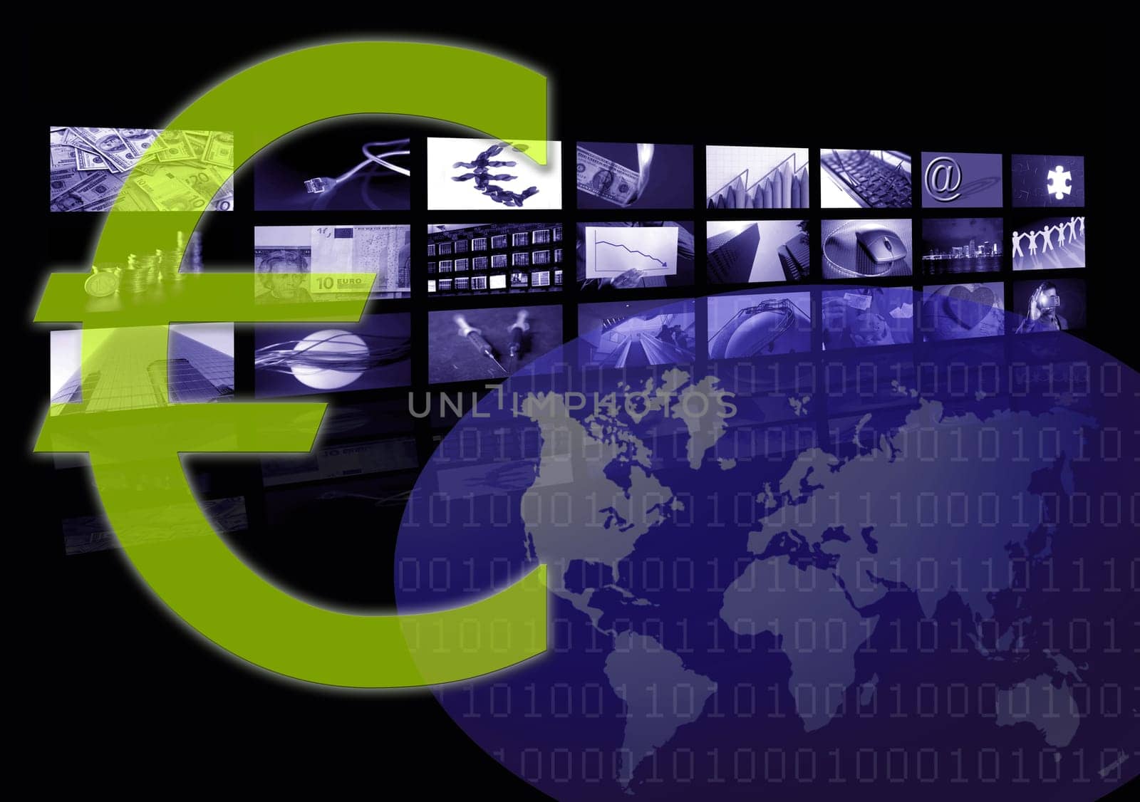 Euro Business corporate image from europe currency, multiple screen. World map