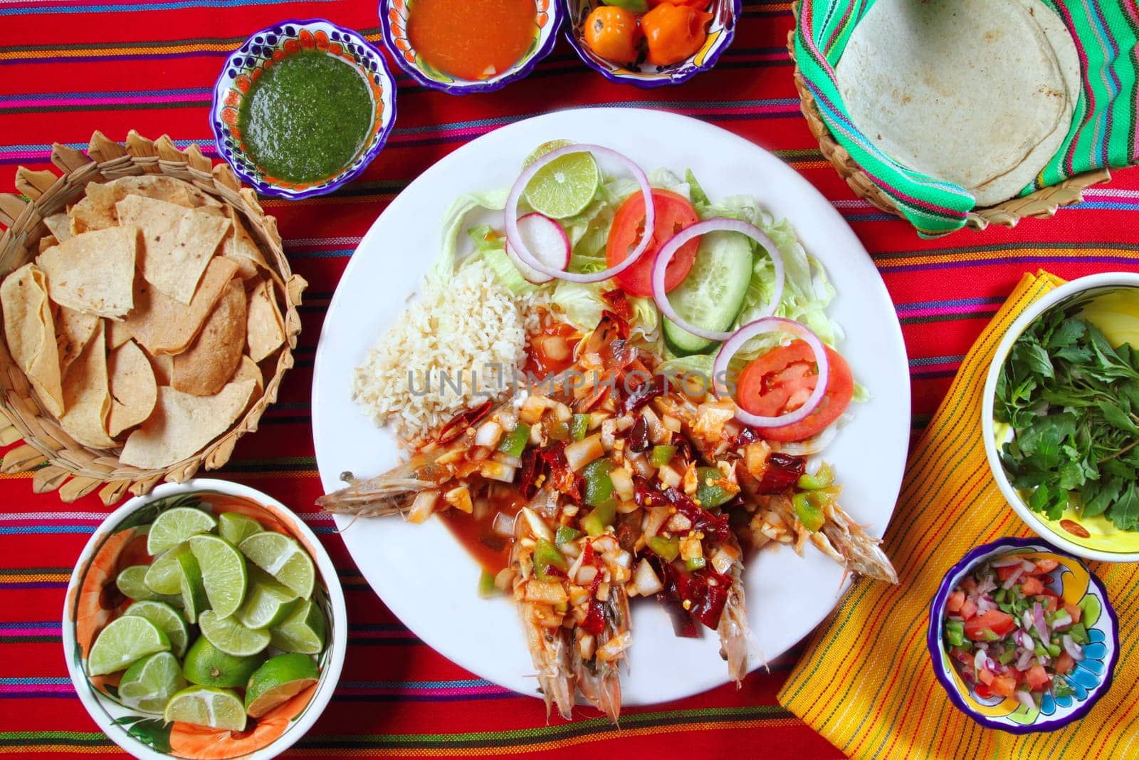 Guajillo chili shrimps Mexican dish chili sauces nachos  Mexico seafood