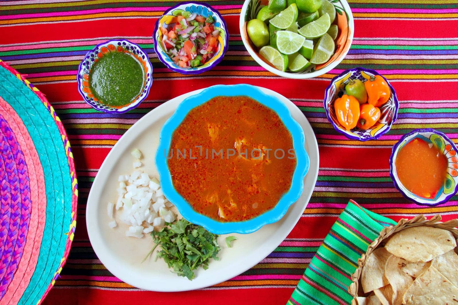 Pancita mondongo mexican soup varied chili sauces Mexico food