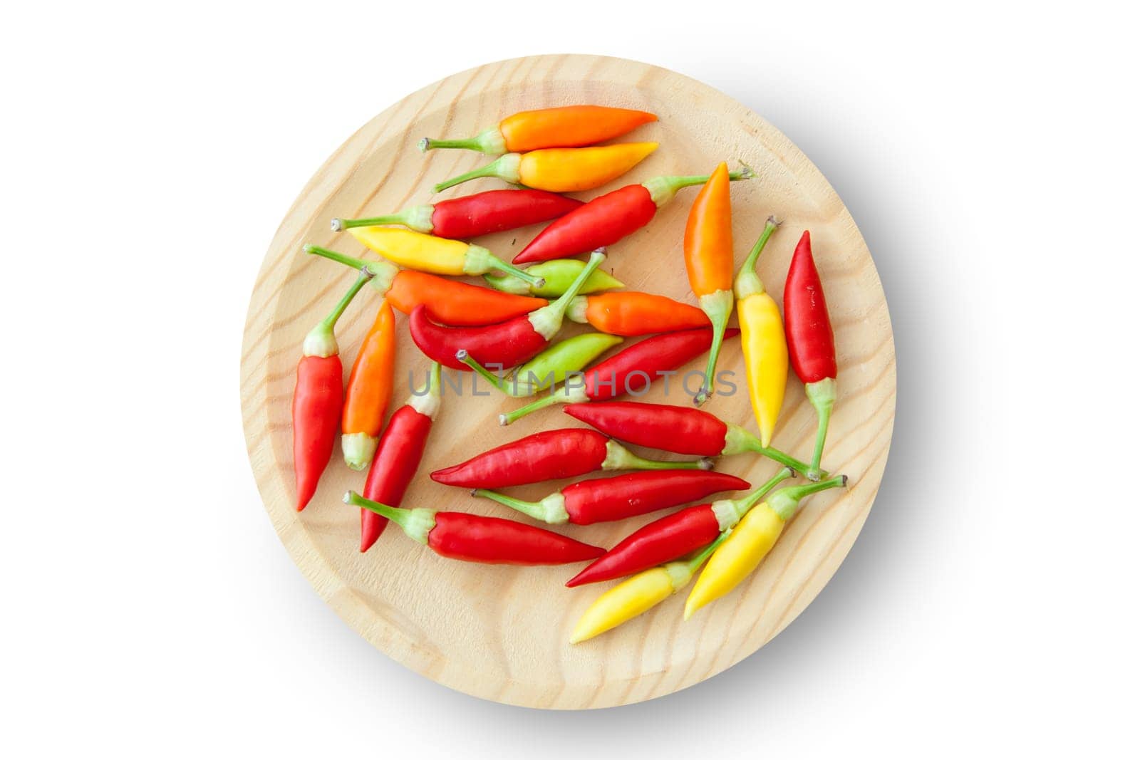 colorful chili peppers plate isolated on white background