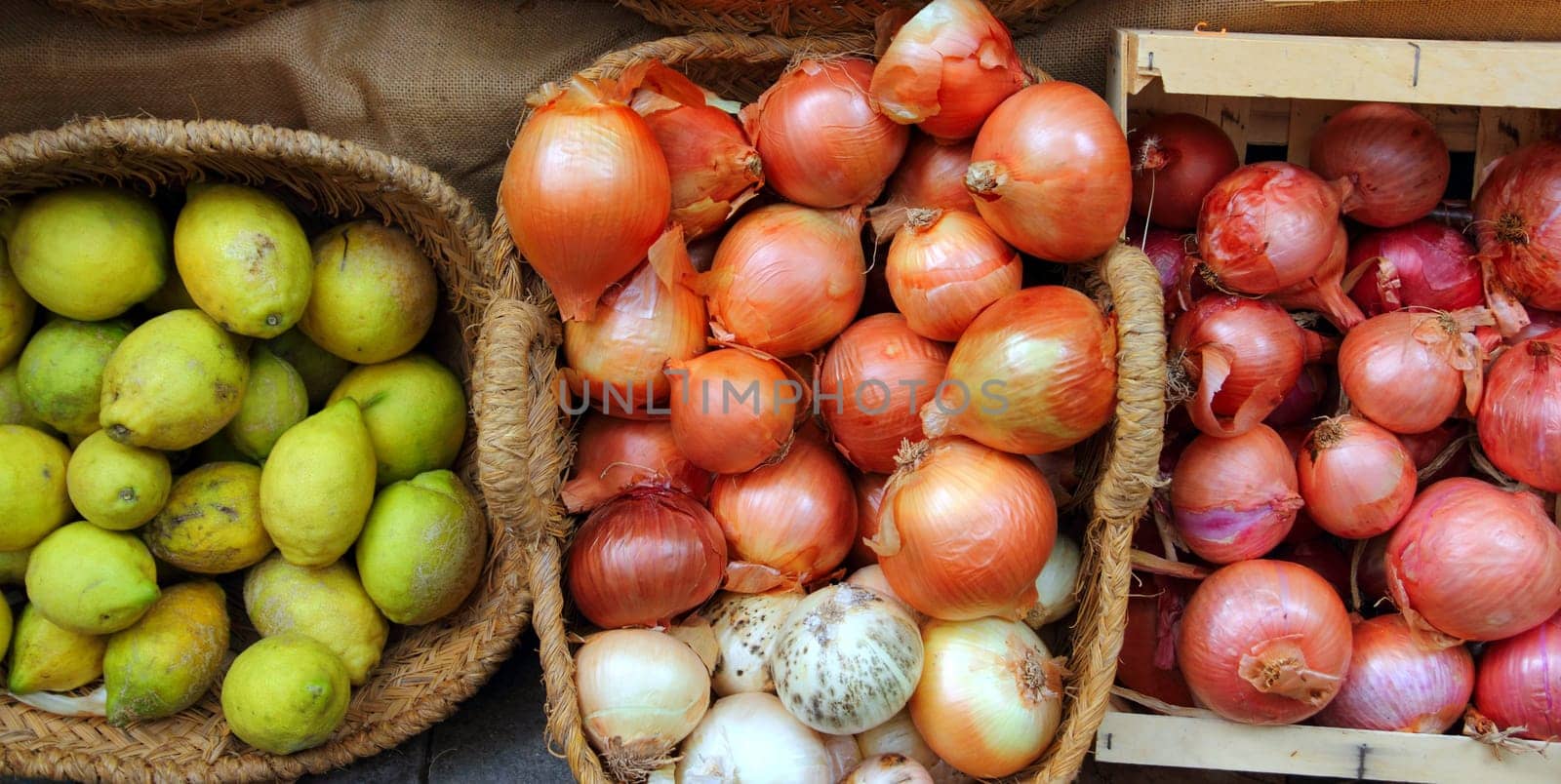 fruits and vegetables market shop onion and lemon basket traditional