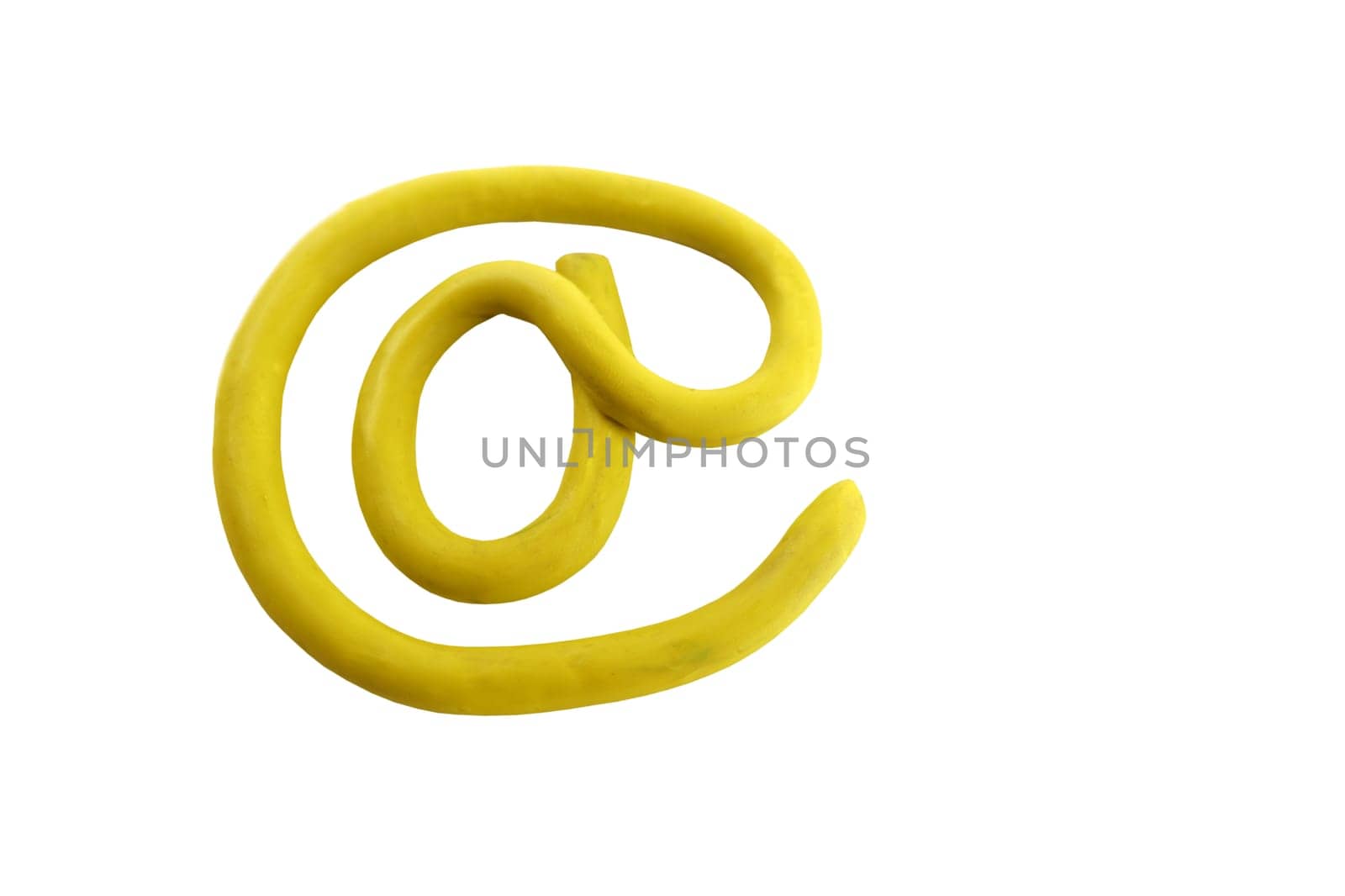 Yellow plasticine arroba email sign, isolated on white bgackground
