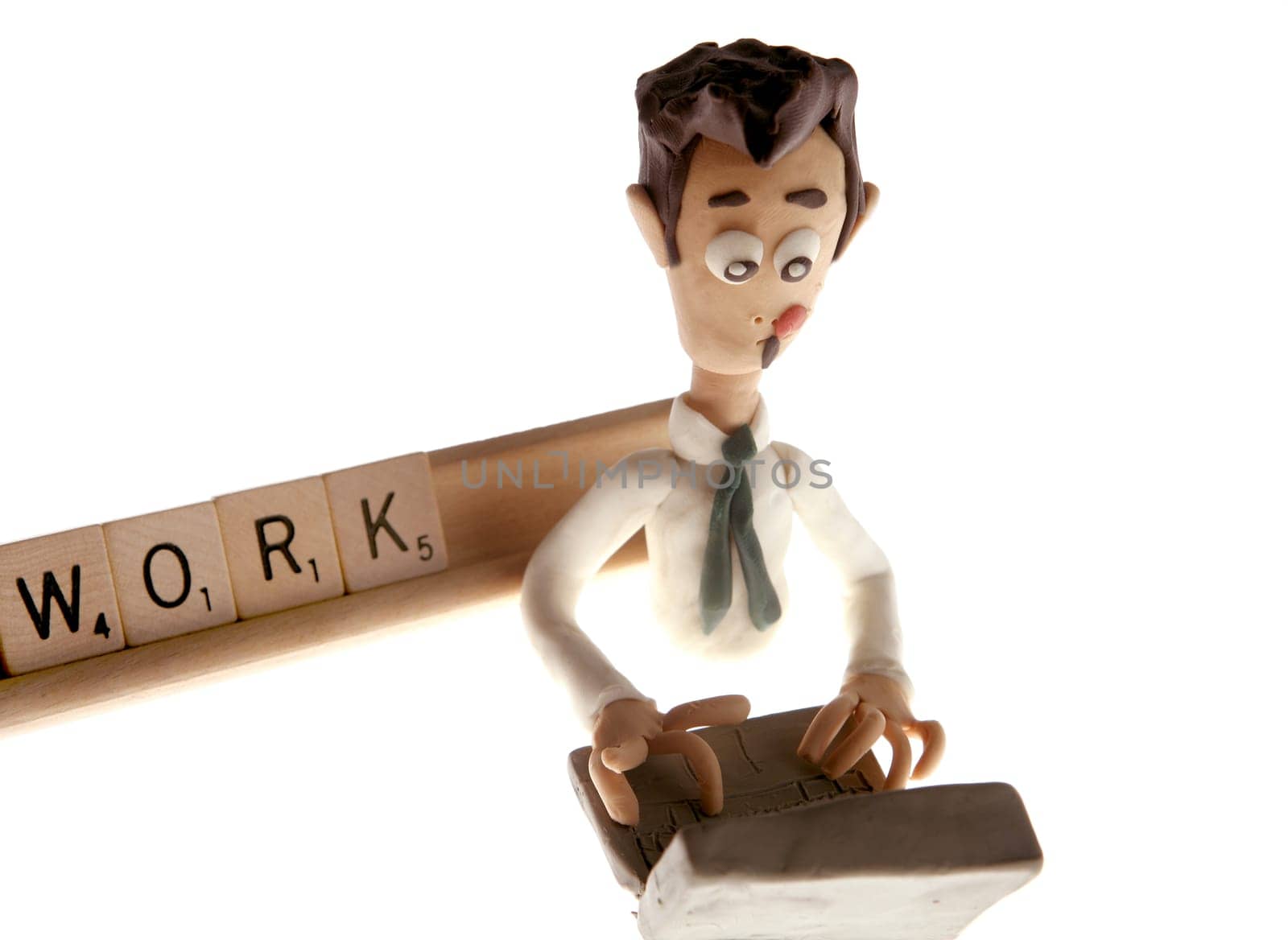 Alphabet game spelling: Work. Plasticine businessman working