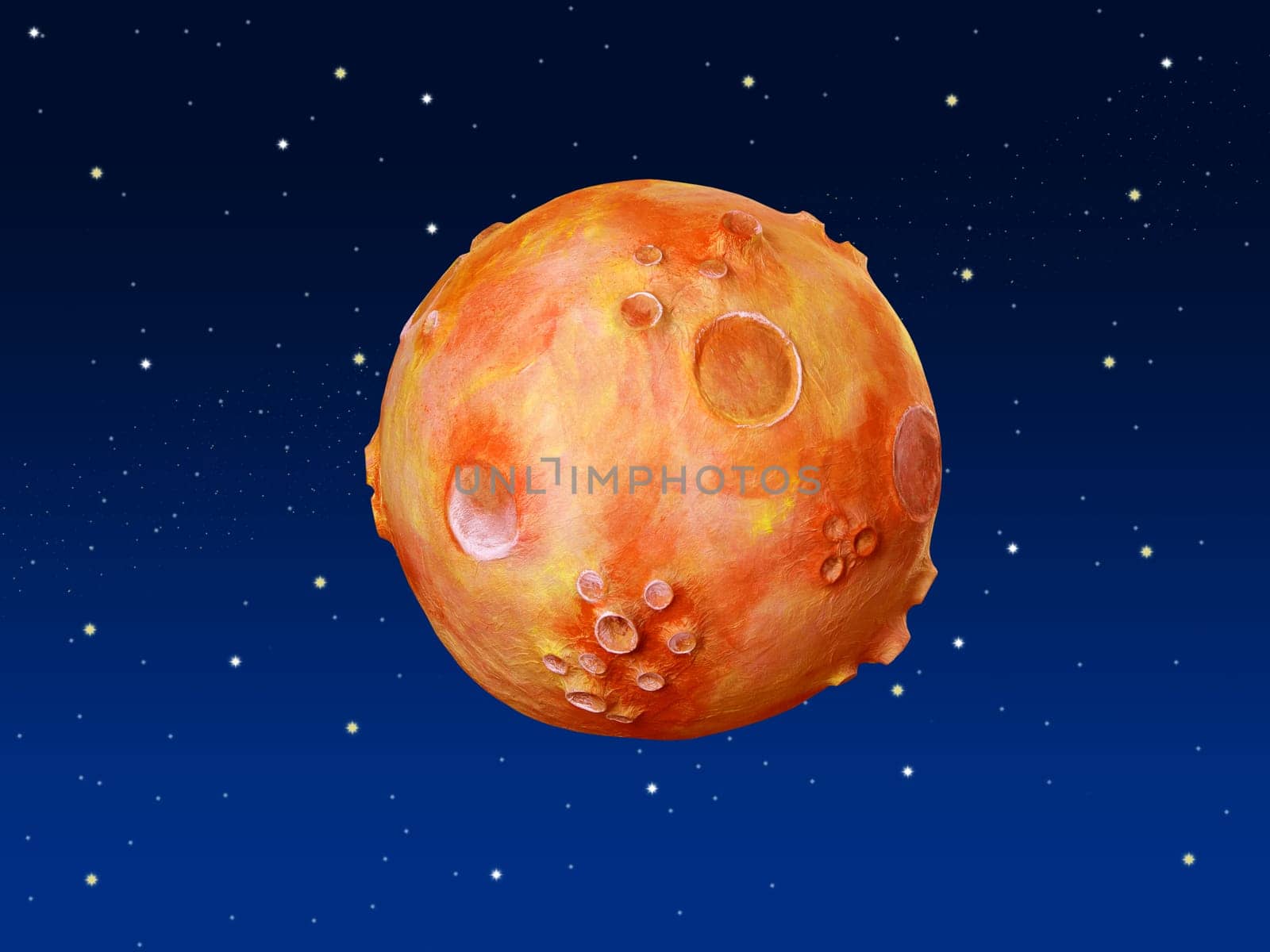 Space fantasy planet handmade orange over blue sky with stars