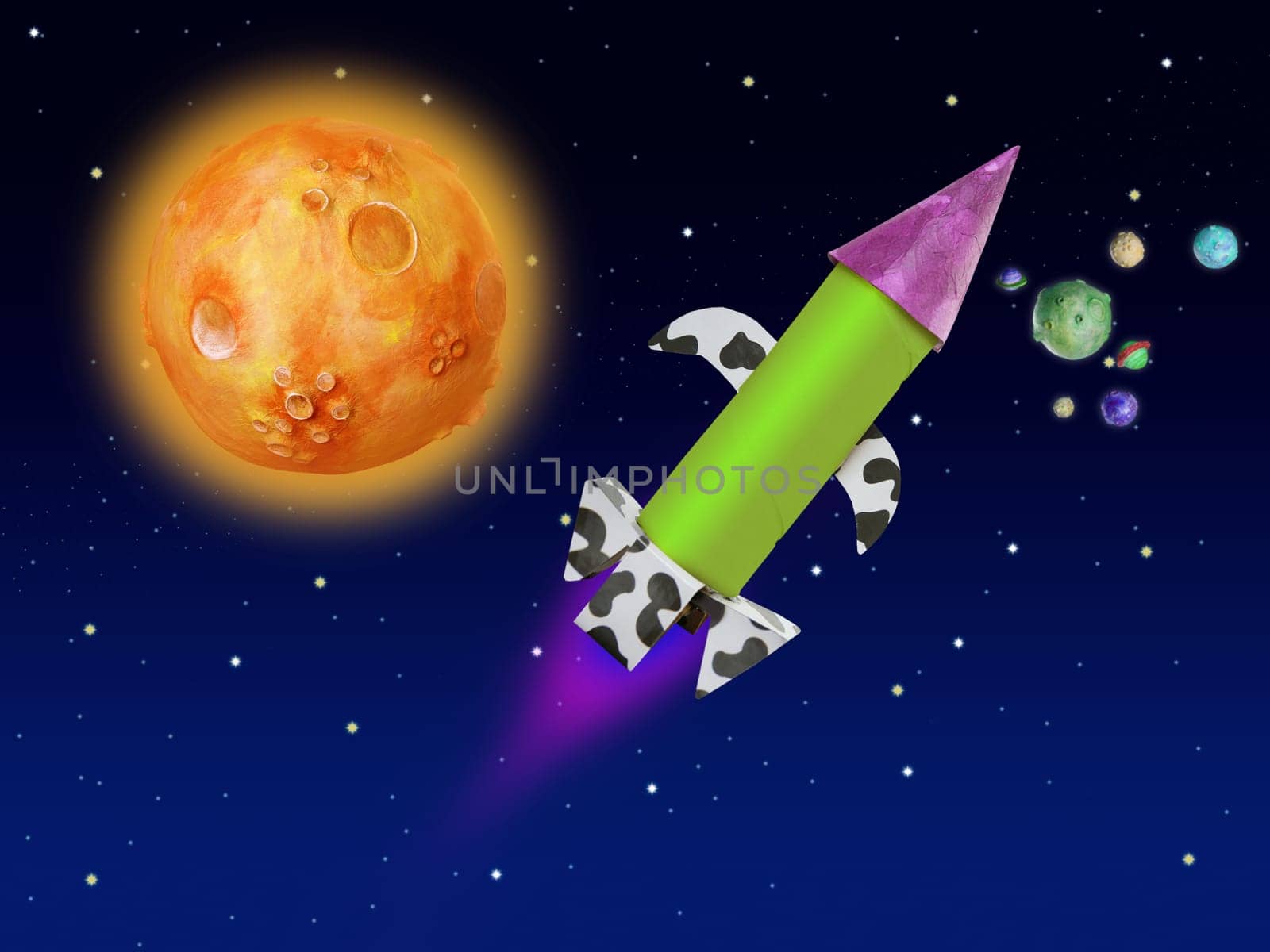 Colorful fantasy rocket flying into blue space planets and stars