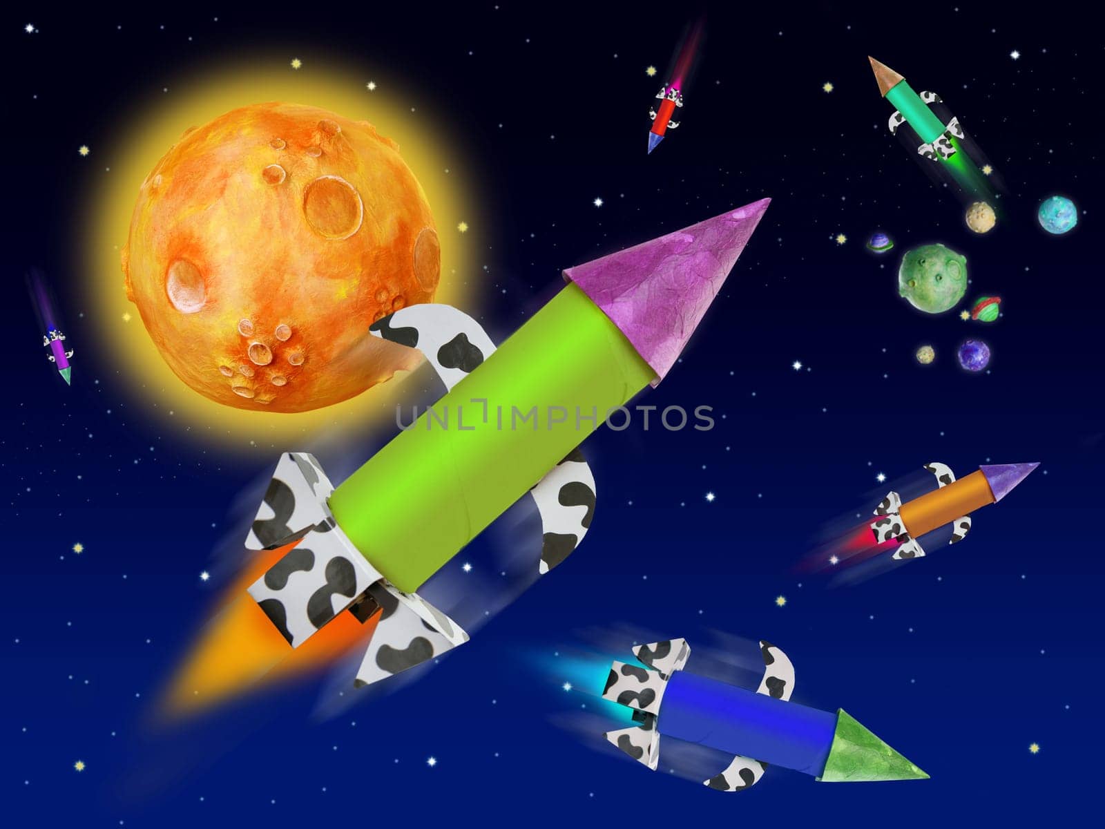 Colorful fantasy rocket flying into blue space planets and stars