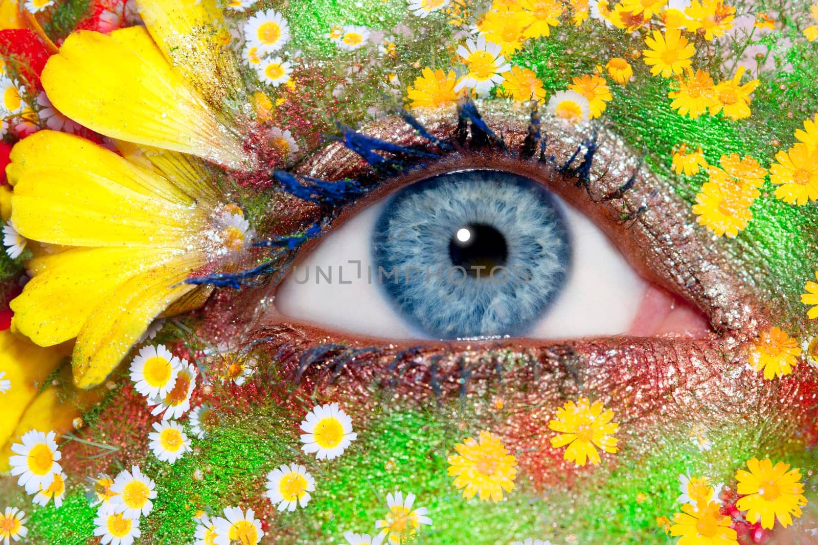 blue woman eye makeup inspired in spring with flowers meadow and yellow petals