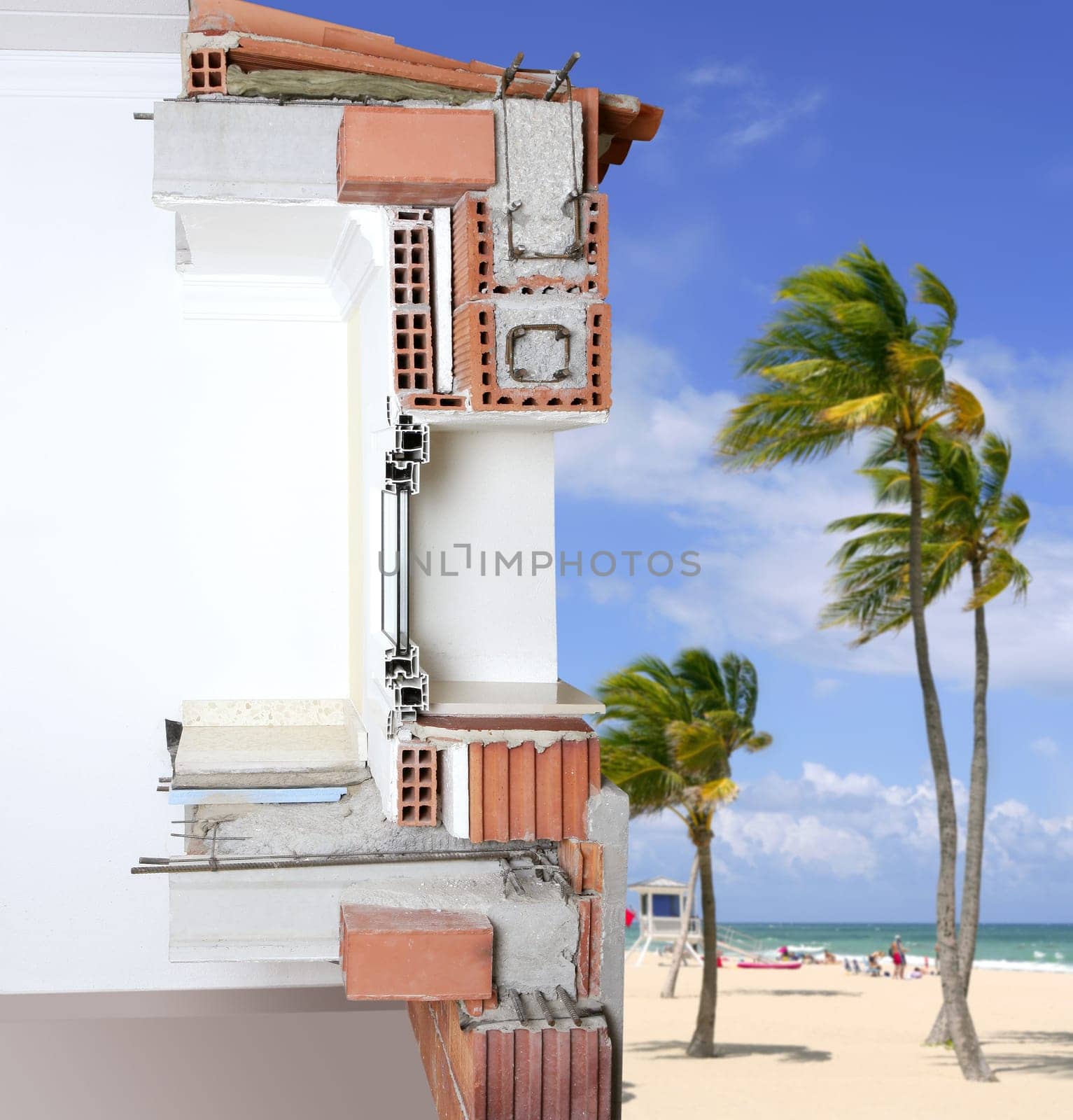 facade wall cross section of brick blocks window structure roof and floor slab in tropical beach