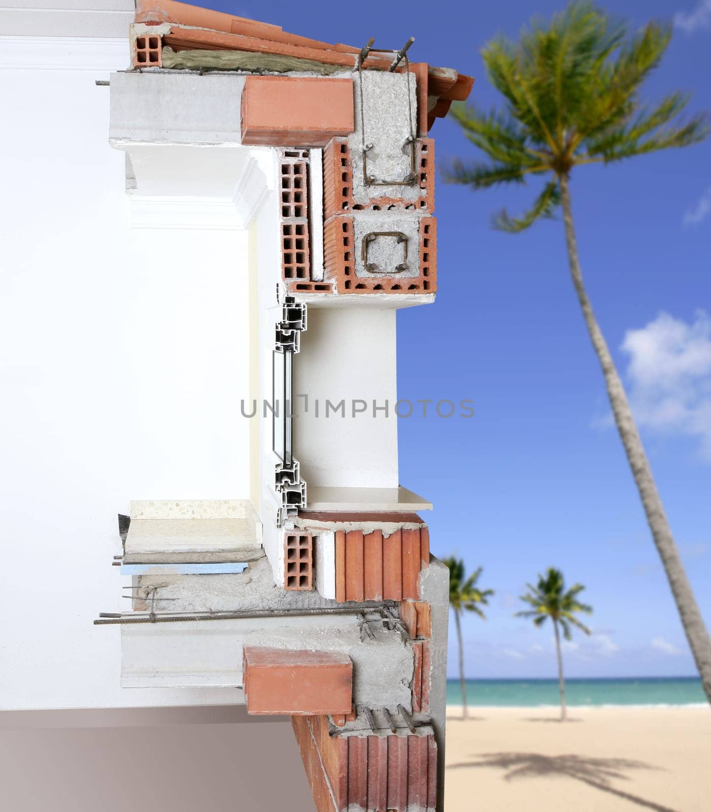 facade wall cross section of brick blocks window structure roof and floor slab in tropical beach