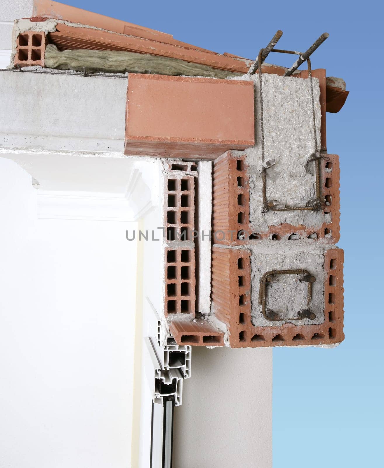 facade wall cross section of brick blocks structure roof reinforced concrete beams