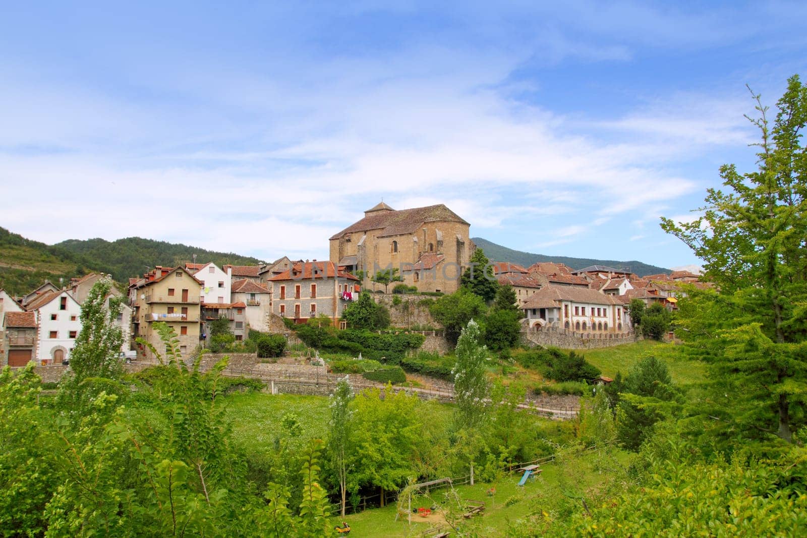 Hecho village Pyrenees with Romanesque church cathedral in Aragon Spain