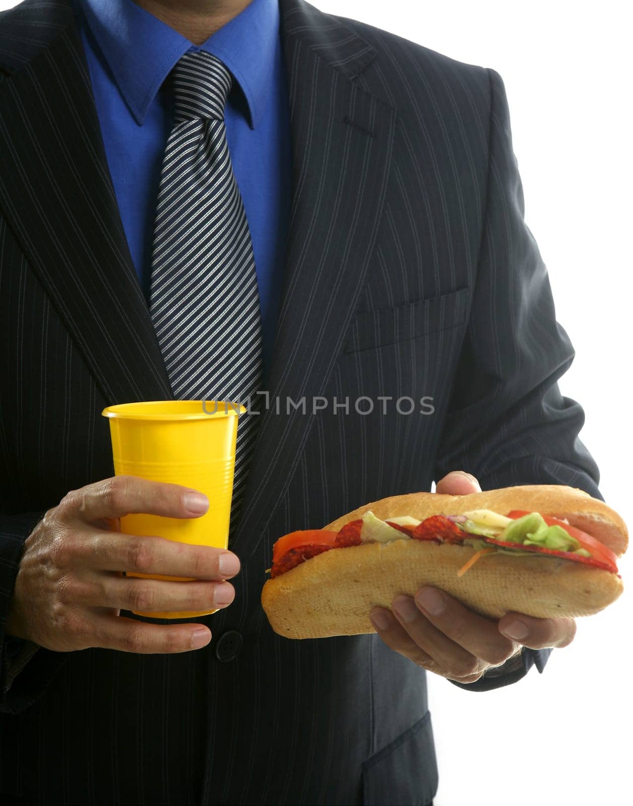 businessman eating junk fast food, studio white background