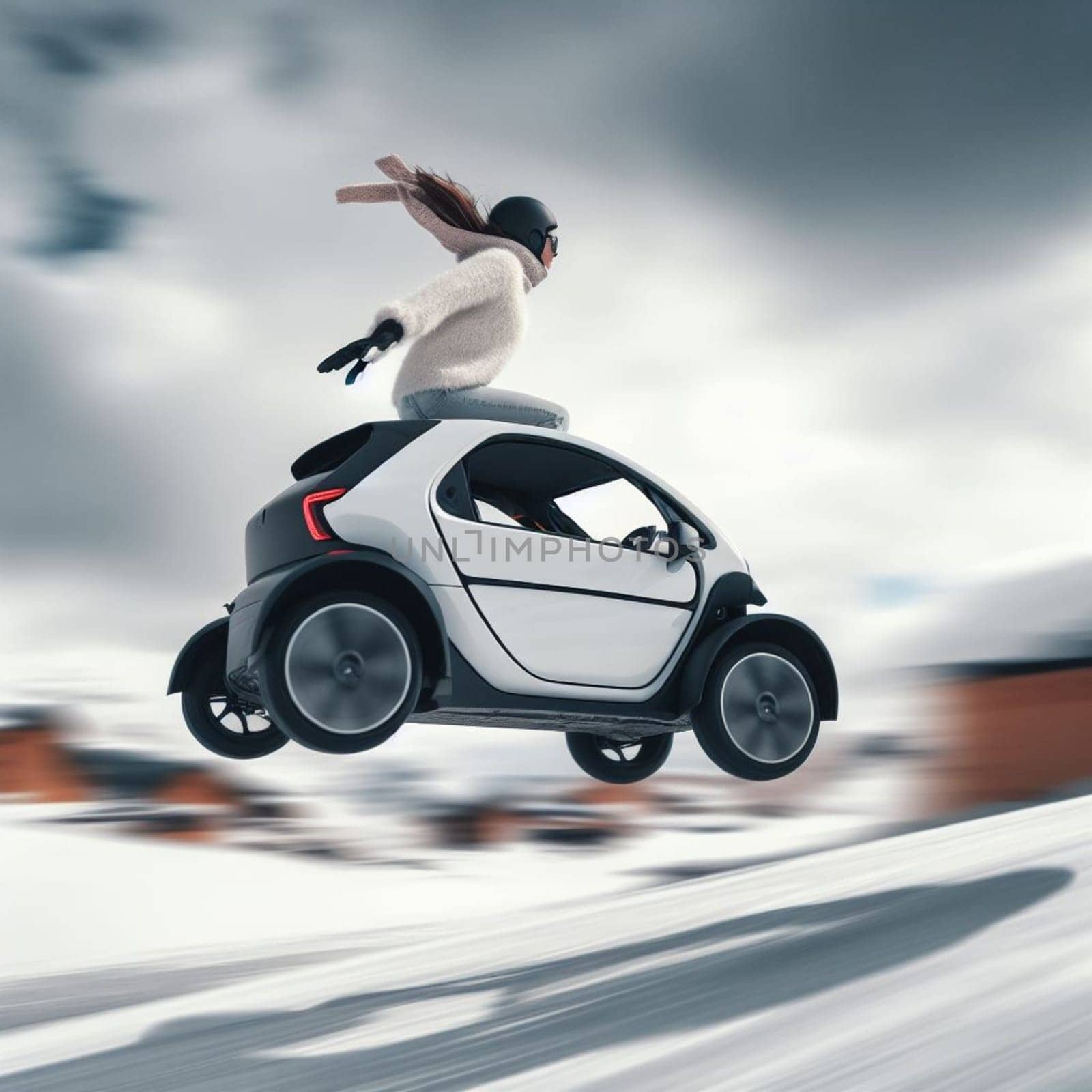 woman fast drive electric scooter jumping slope arriving the city motion blurred generative ai art