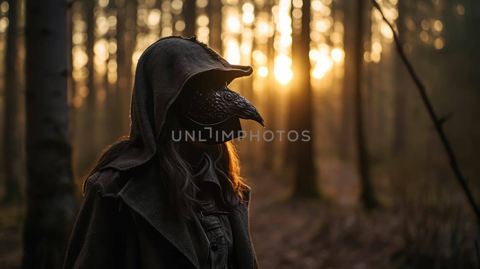 A mysterious woman, donning a wild creature mask, roams the mystical, misty forest.