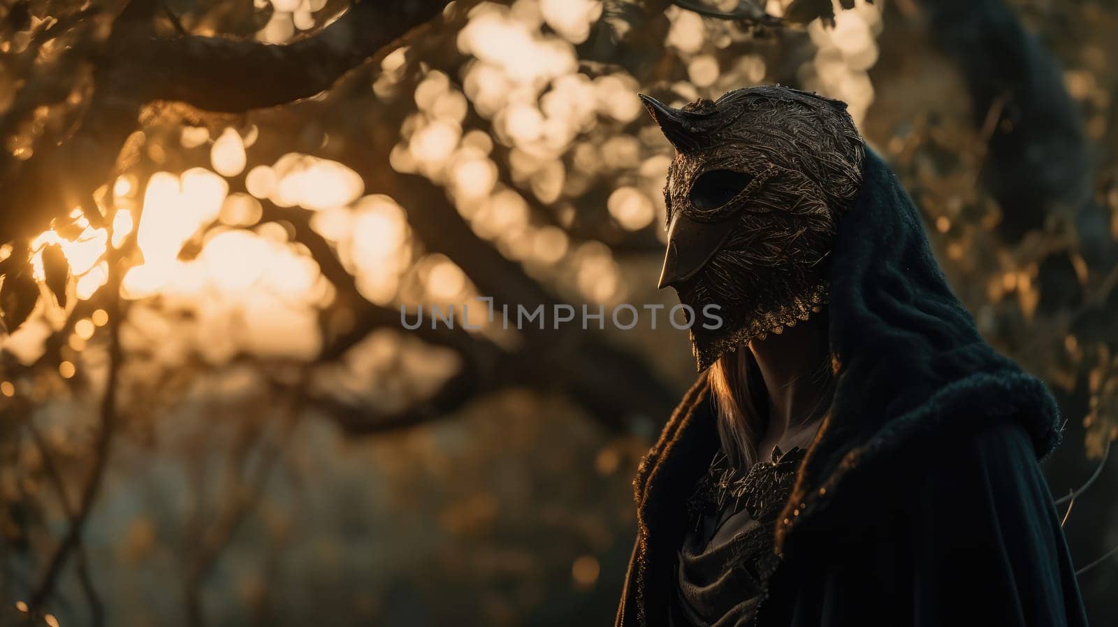 A mysterious woman, donning a wild creature mask, roams the mystical, misty forest.