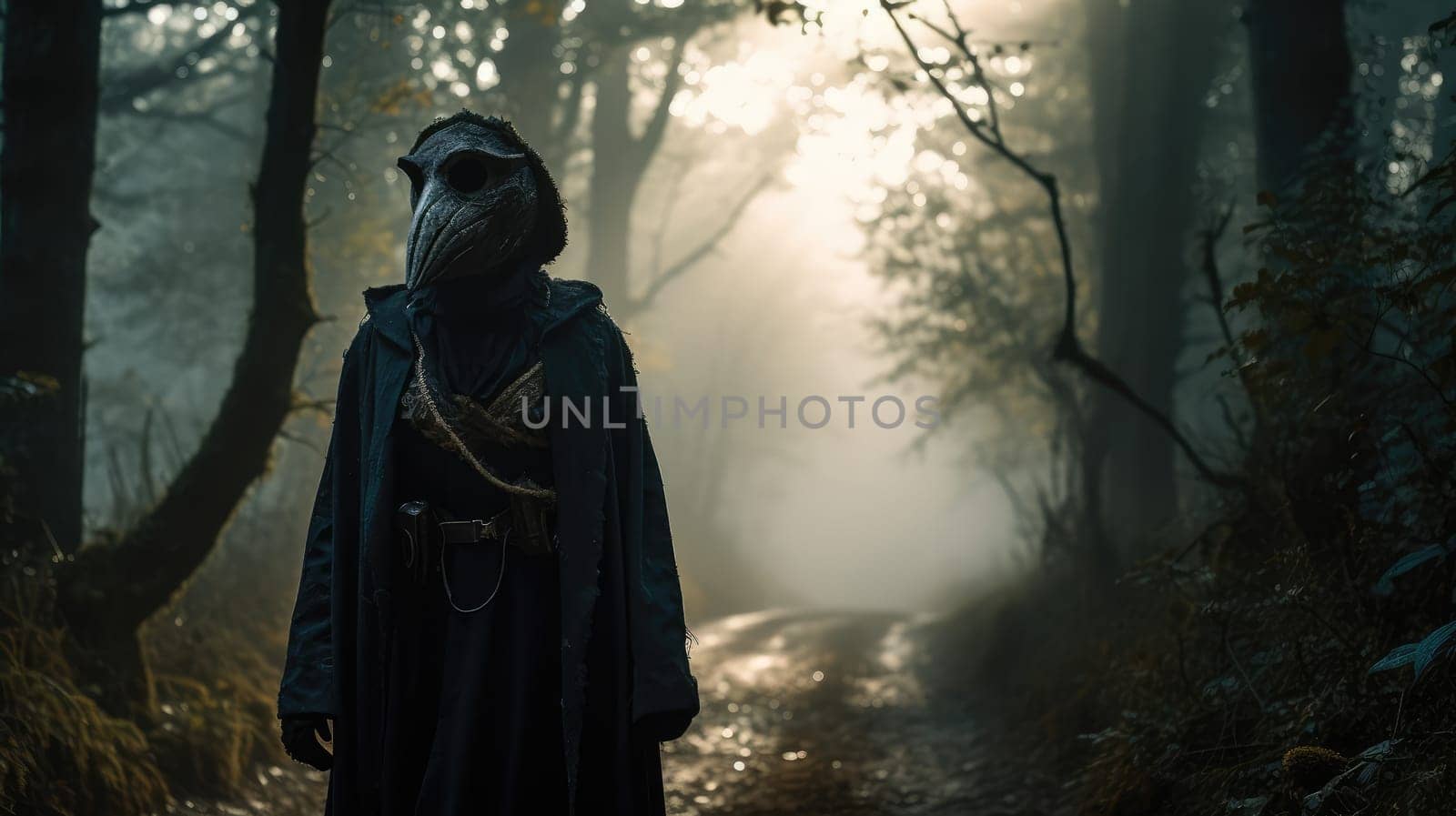 A mysterious woman, donning a wild creature mask, roams the mystical, misty forest.
