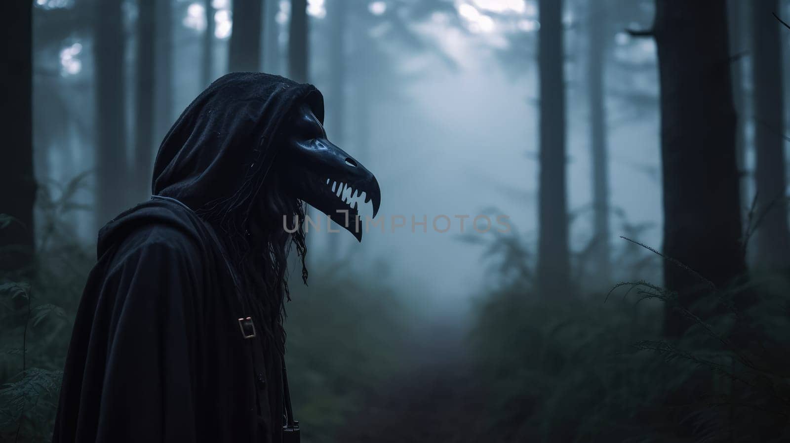 A mysterious woman, donning a wild creature mask, roams the mystical, misty forest.
