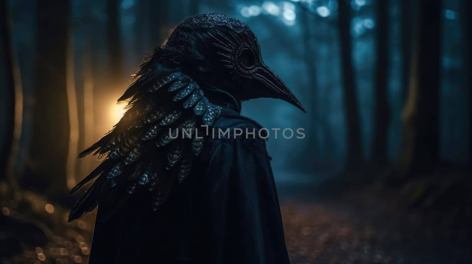 A mysterious woman, donning a wild creature mask, roams the mystical, misty forest.