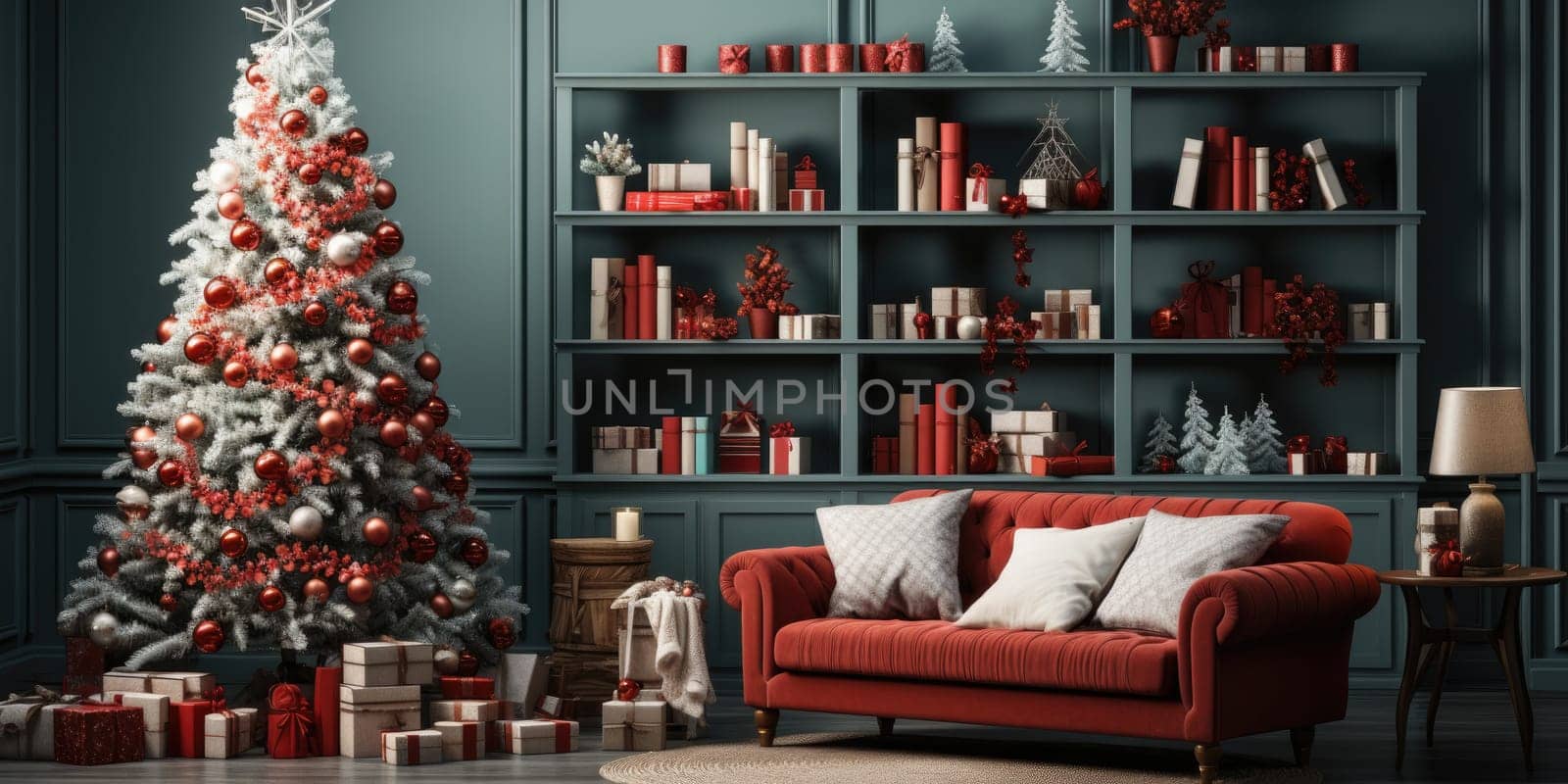 Living room decorate with Christmas theme. Christmas Holiday concept. Generative AI.