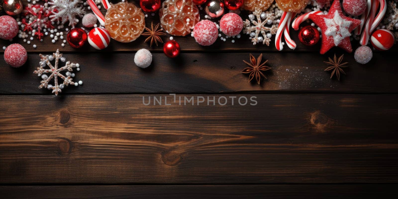 Wooden table decorate with Christmas theme. Generative AI.
