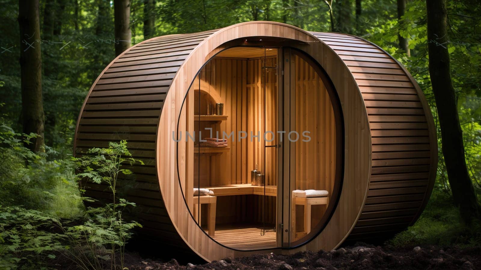 Modern wooden sauna in the forest, a small room used as hot air or steam bath for cleaning and refreshing the body, healthcare concept