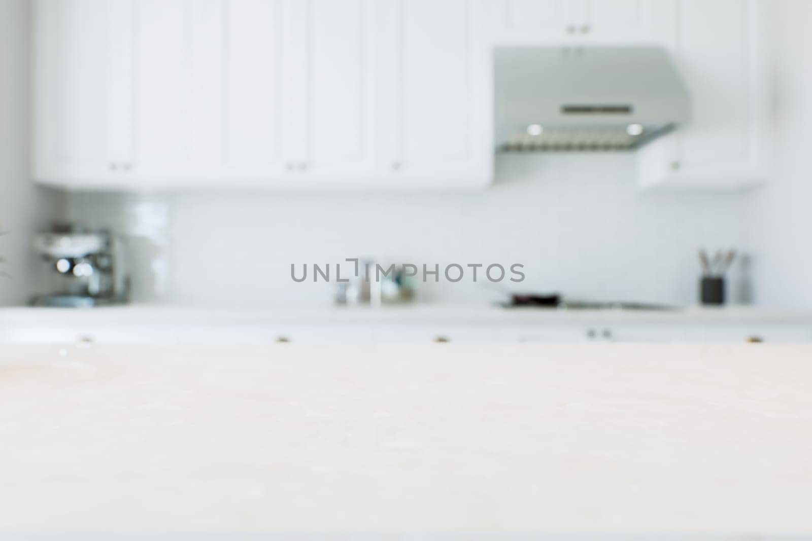 Macro focus on kitchen countertop for product presentation and advertising. White kitchen with marble surface and blurred background. 3D visualization