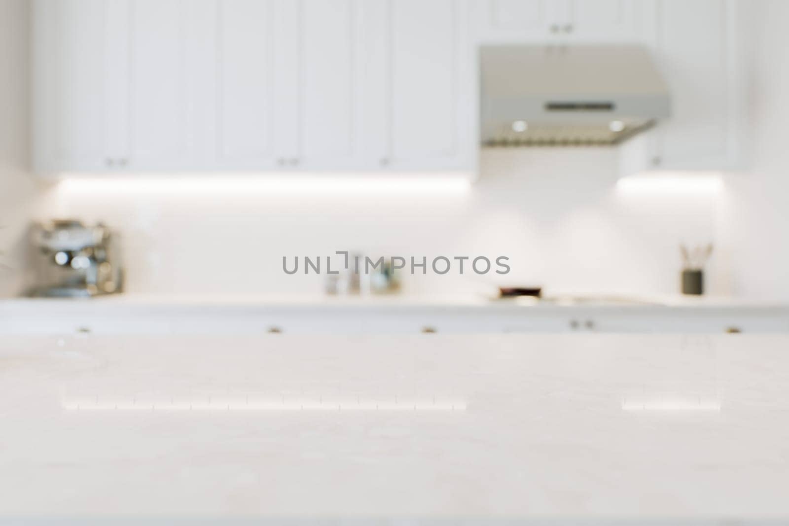 Macro focus on kitchen countertop for product presentation and advertising. White kitchen with marble surface and blurred background. 3D visualization