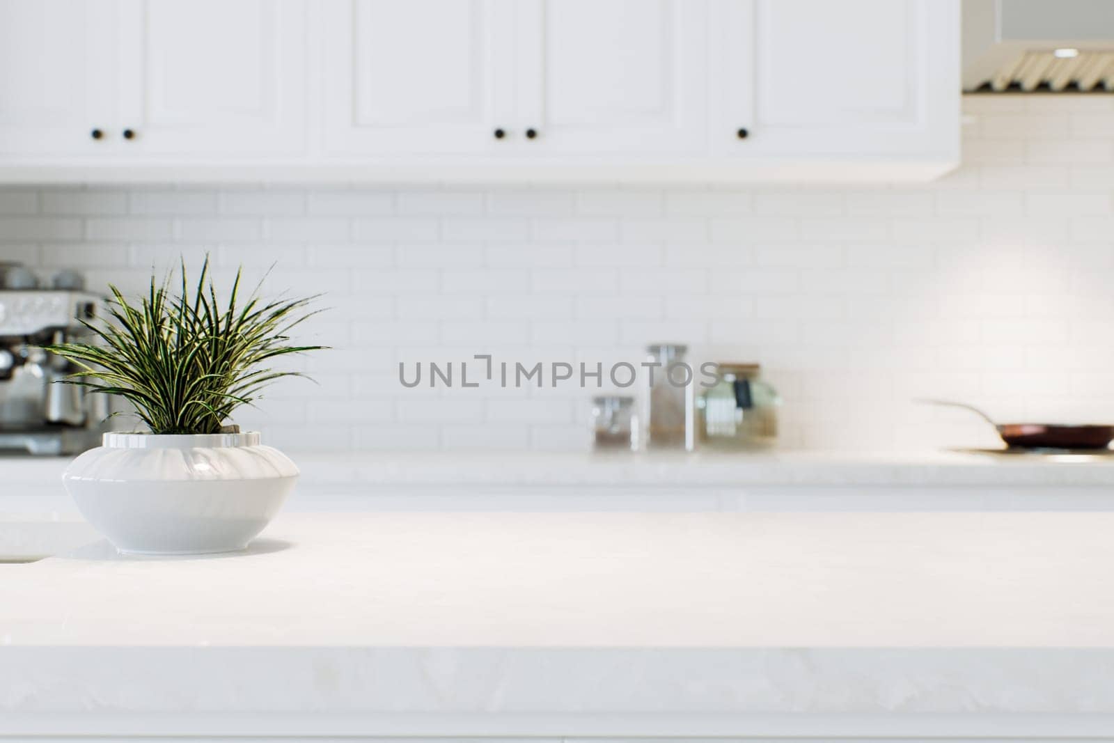 Modern white kitchen countertop with indoor plants and advertising space mounting your product on a blurred kitchen space in the background. 3D rendering.