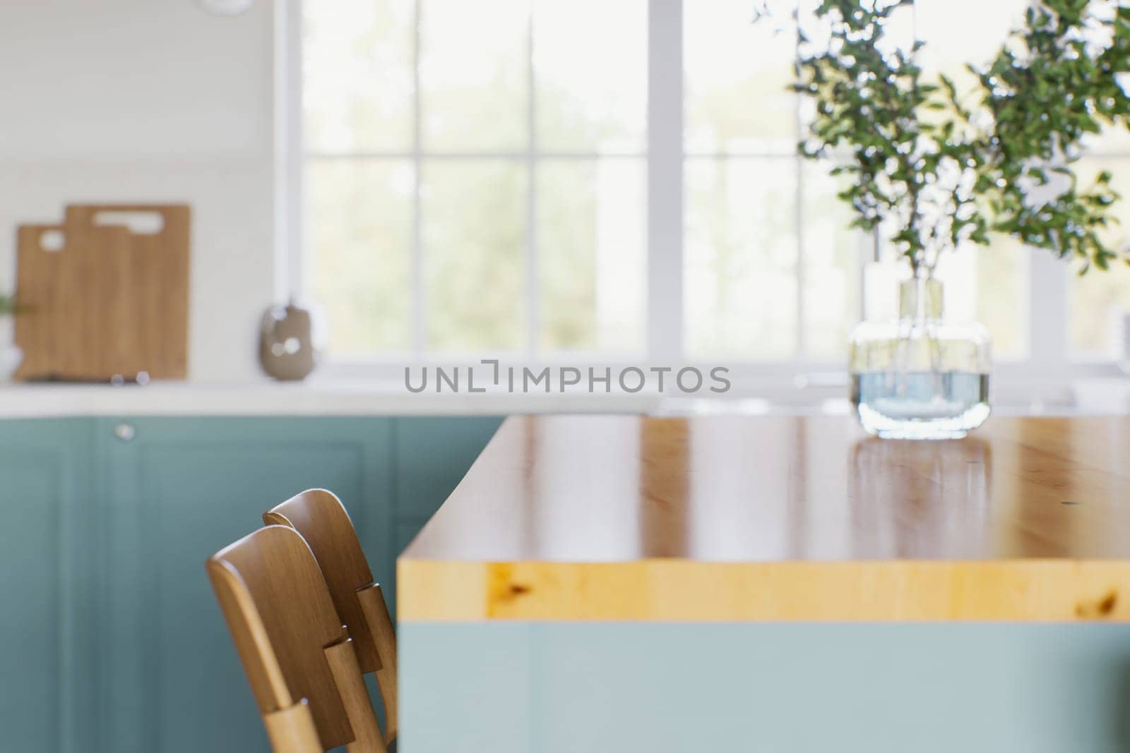 Kitchen with green cabinets, large window in the background and accent countertop to advertise the product. Kitchen island with blurry long shot of green kitchen. 3D rendering.