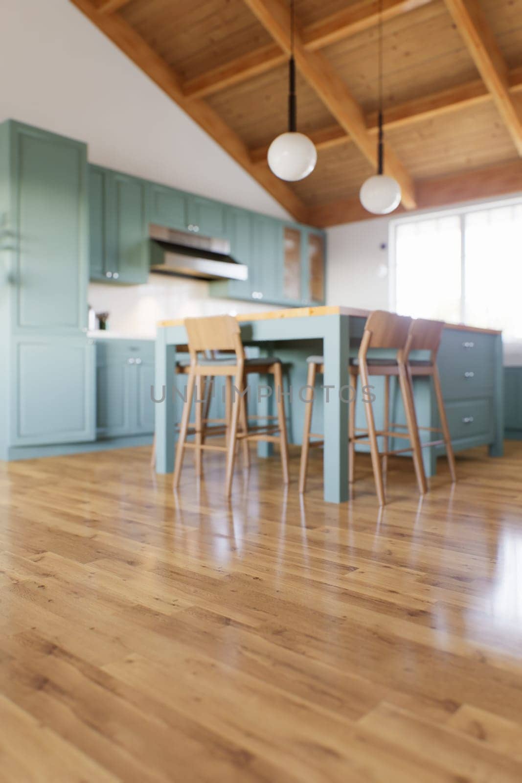 The large green kitchen is out of focus. Green kitchen interior in bokeh with an emphasis on wooden floor. 3D rendering