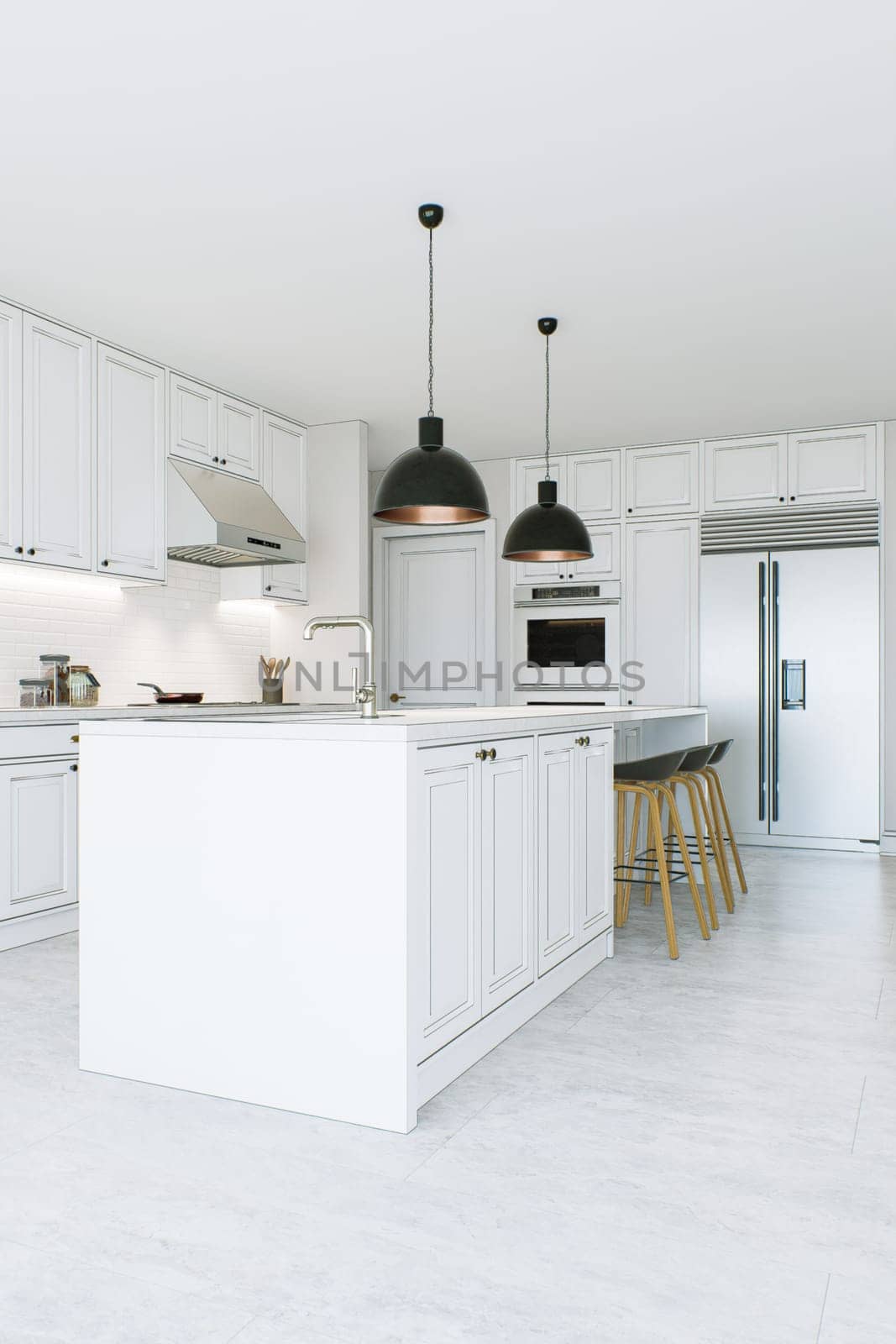 White kitchen interior outlined with black lines. Kitchen design abstraction. Kitchen with island and appliances. 3D rendering.