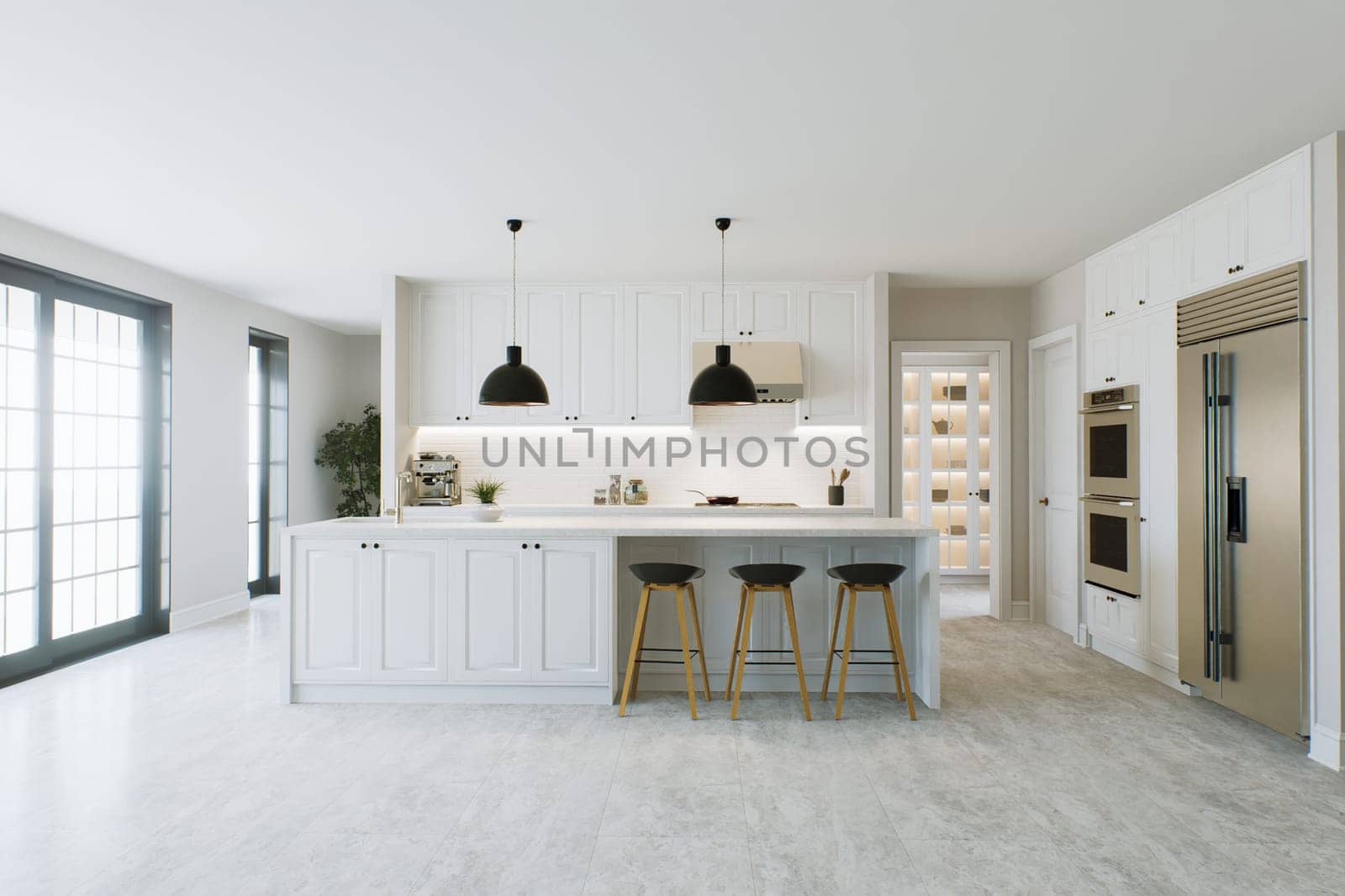 Modern bright kitchen with large island and kitchen appliances. by N_Design