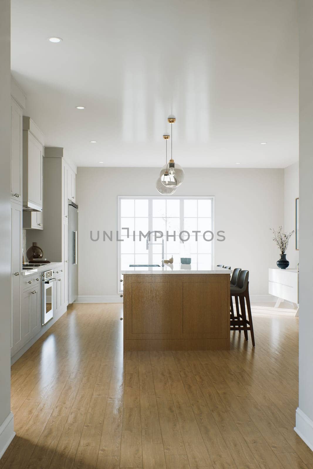 Traditional American kitchen with wooden island and kitchen appliances. Interior of a bright kitchen with a large window. 3d rendering