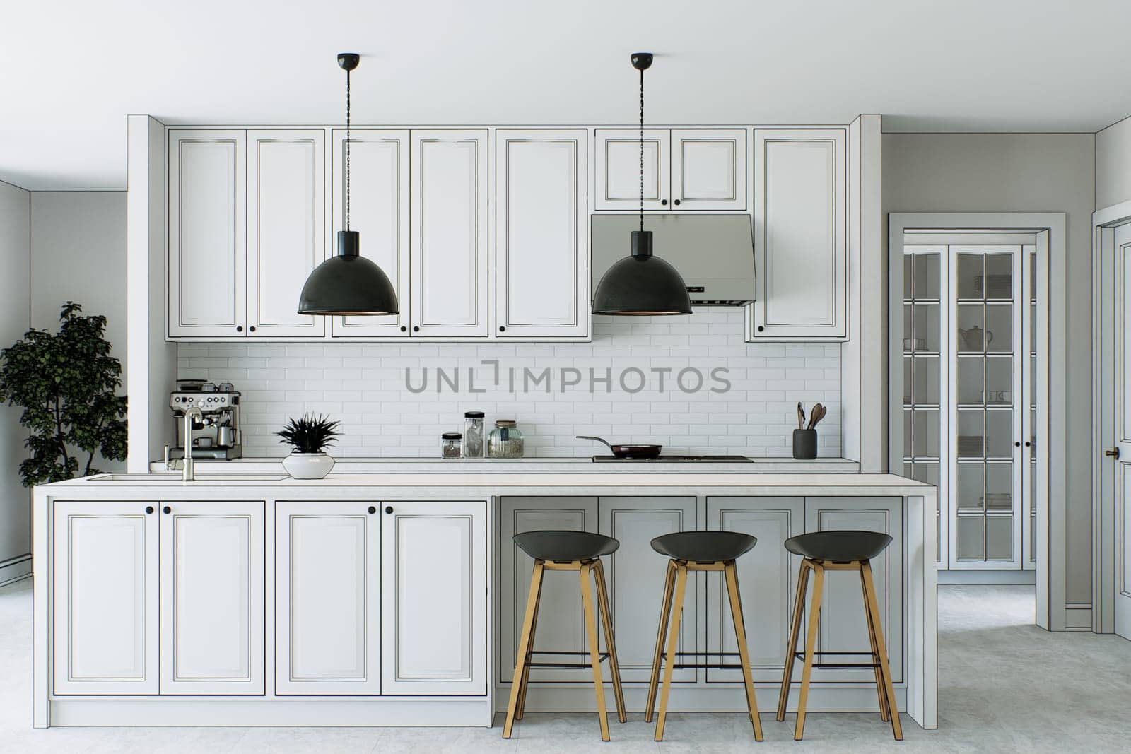 White kitchen interior outlined with black lines. Kitchen design abstraction. Kitchen with island and appliances. 3D rendering.