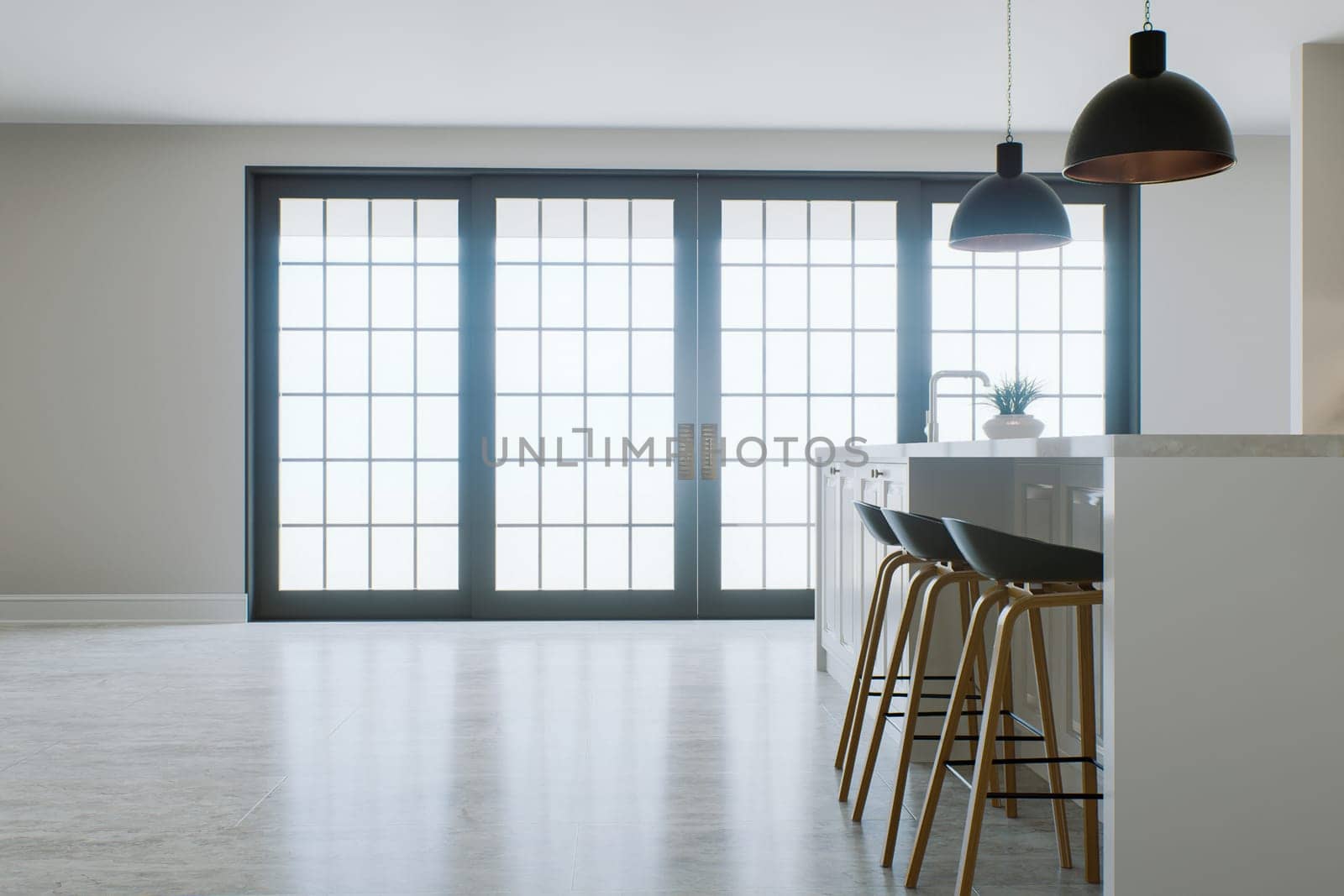 Semi-empty white kitchen interior with a large window and an accent on the marble floor. by N_Design