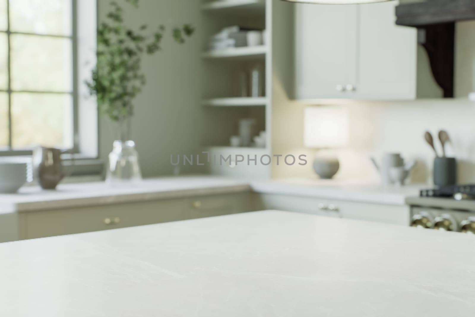 Kitchen interior with an island with a white stone countertop by N_Design