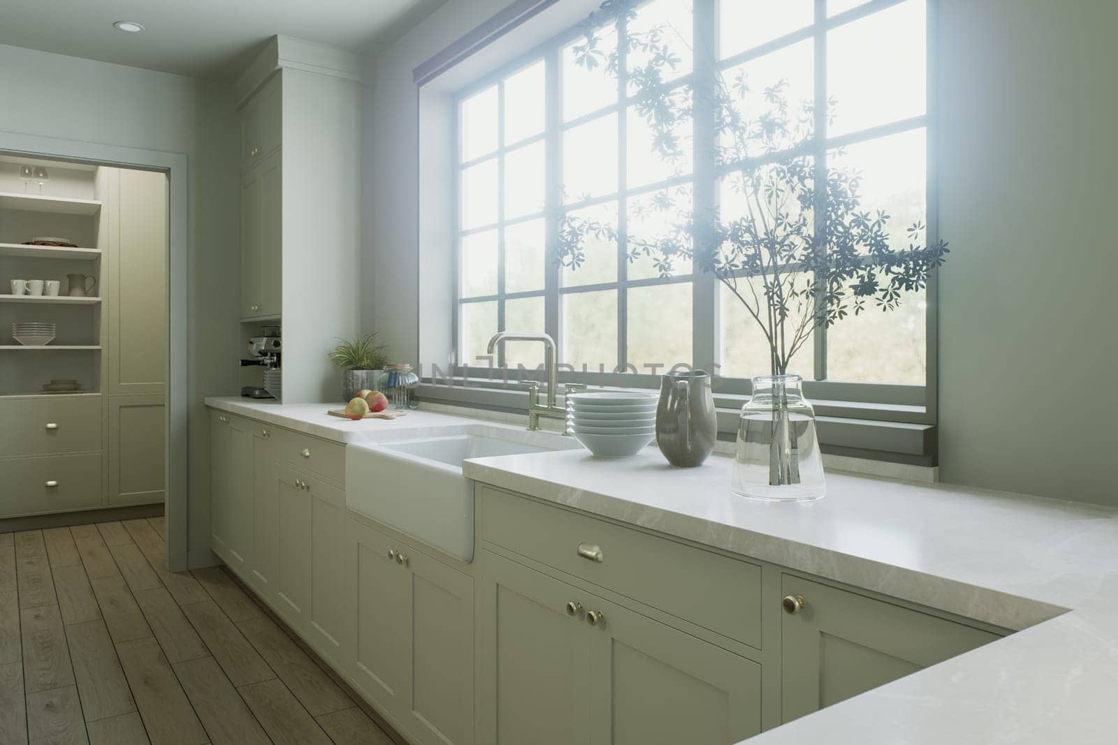 Kitchen in traditional style. Kitchen sink near a large window, many convenient cabinets with kitchen utensils. 3D rendering.