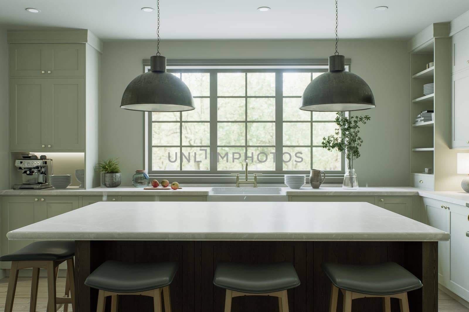 Kitchen with a large island, bar stools, metal lamps - in a traditional style. Kitchen interior with a large window and kitchen utensils. 3D rendering