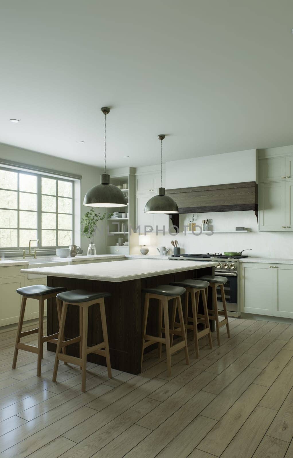 Beautiful bright kitchen in a new luxury house in a traditional style. Features a wood island, white stone countertops, cabinets and wood floors. 3D rendering